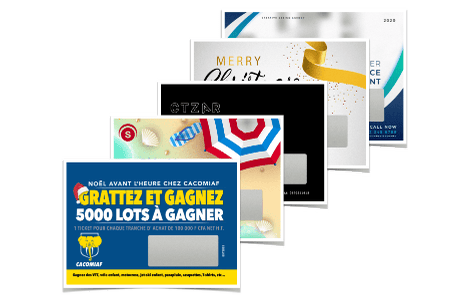Les tickets à gratter taille L portrait contiennent une zone à gratter rectangulaire sur des cartes au format 104x70mm paysage pour dissimuler l'ensemble des messages cachés de votre choix. Différentes variantes peuvent être personnalisées.