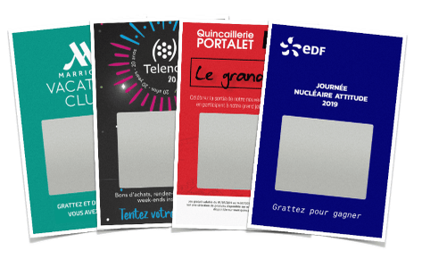 Les tickets à gratter Primo® portrait contiennent une grande zone à gratter carrée sur des cartes au format carte de visite portrait pour dissimuler l'ensemble des messages cachés de votre choix. Différentes variantes peuvent être personnalisées.
