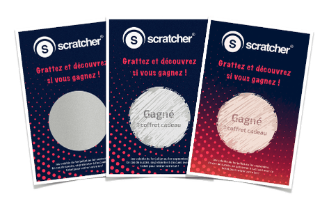 Les tickets à gratter Primo® portrait avec rond à gratter contiennent une grande zone à gratter ronde sur des cartes au format carte de visite portrait pour dissimuler l'ensemble des messages cachés de votre choix. Différentes variantes peuvent être personnalisées.