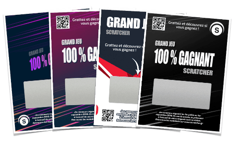 Les tickets à gratter taille L portrait contiennent une zone à gratter rectangulaire sur des cartes au format 70x104mm portrait pour dissimuler l'ensemble des messages cachés de votre choix. Différentes variantes peuvent être personnalisées.