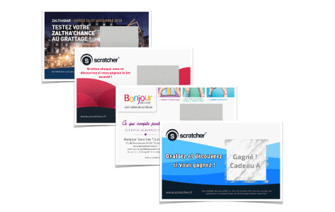 Les tickets à gratter Primo® paysage avec carré à gratter contiennent une grande zone à gratter carrée sur des cartes au format carte de visite paysage pour dissimuler l'ensemble des messages cachés de votre choix. Différentes variantes peuvent être personnalisées.