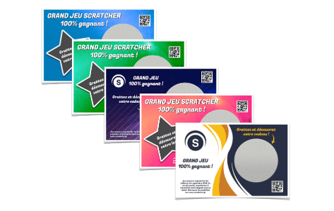 Les tickets à gratter Primo® paysage avec rond à gratter contiennent une grande zone à gratter ronde sur des cartes au format carte de visite paysage pour dissimuler l'ensemble des messages cachés de votre choix. Différentes variantes peuvent être personnalisées.