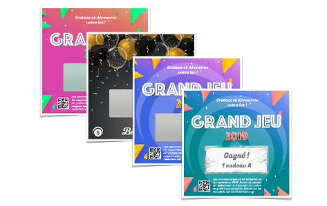 Les tickets à gratter taille M2 contiennent une zone à gratter rectangulaire à dévoiler par le grattage sur des cartes au format 85x82mm pour dissimuler l'ensemble des messages cachés de votre choix. Différentes variantes peuvent être personnalisées.
