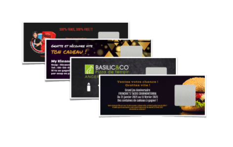 Les tickets à gratter Nano® permettent aux joueurs de découvrir un lot dissimulé sous un petit carré à gratter sur une carte de la taille 85mm x 30mm. C'est le ticket idéal pour les opérations marketing massives à faible coût. Leur graphisme et les messages cachés sont librement paramétrables sur le configurateur.