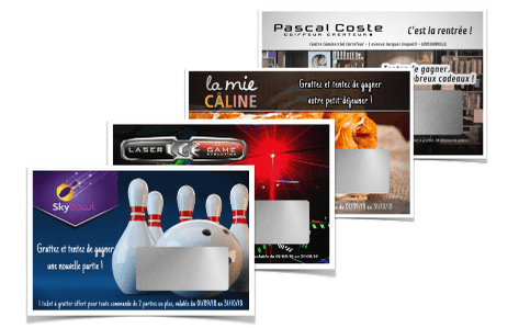 Les tickets à gratter Primo® paysage contiennent une zone à gratter rectangulaire sur des supports au format carte de visite paysage pour dissimuler l'ensemble des messages cachés de votre choix. Différentes variantes peuvent être personnalisées.